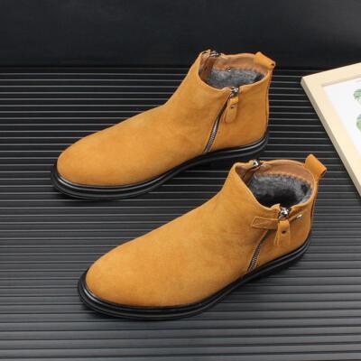 Mens Ankle Boots High-top Suede Flat Heel Pointy Toe Cargo Zip