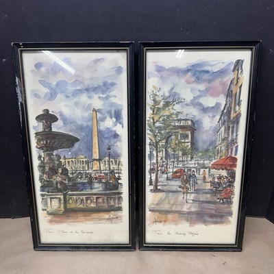 2 Vintage ARNO Framed 15.5x8  Watercolor Prints Concorde & Champs Elysees