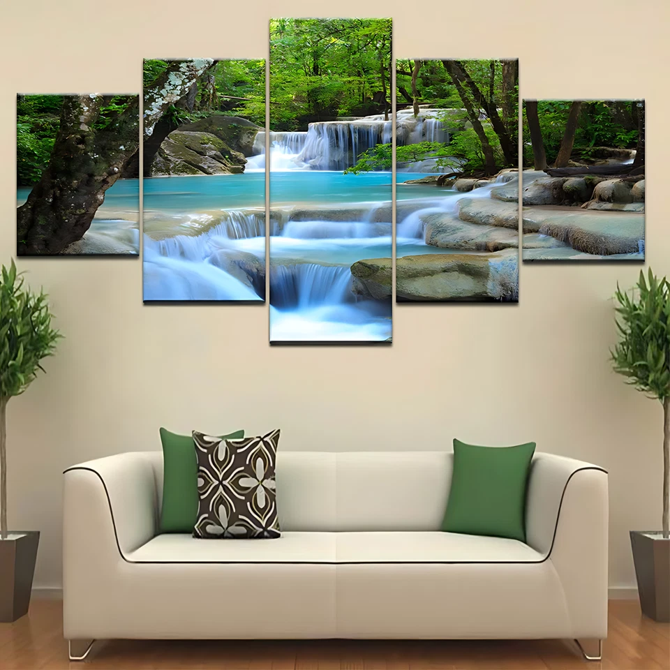 Paisaje de cascada natural 5 piezas lienzo arte de pared moderno decoración del hogar clásico Foto 2 de 4