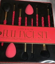 Glitz and Glam Makeup Brush Set 11 Piece Full Face Set Red Rhinestone Gems