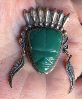 Vintage Sterling Silver & Carved Green Agate Mayan Aztec Mask Larger Brooch Pin