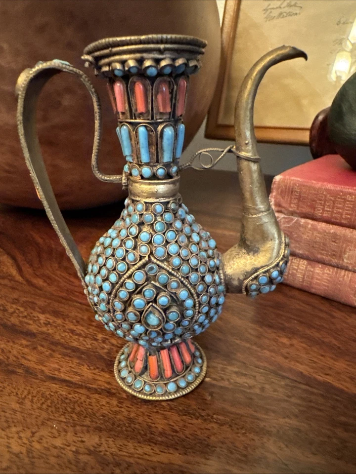 antique early 19th century handmade Tibetan coral turquoise bronze pitcher pot - Image 4 of 4
