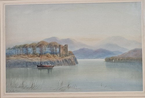 Antique 1911 Original Watercolour Loch Castle Ruin Mountains Signed W Baker (photo 3)