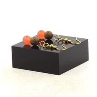 Ohrringe 2 Perlen Orange Chalcedon + Holz 8 Mm Aus Stahl Hergestellt In