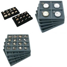 Gray Flocked Jewelry Tray Inserts 4 Slot 16 Slot W/ Velvet Ring Pad Kit 12 Pcs