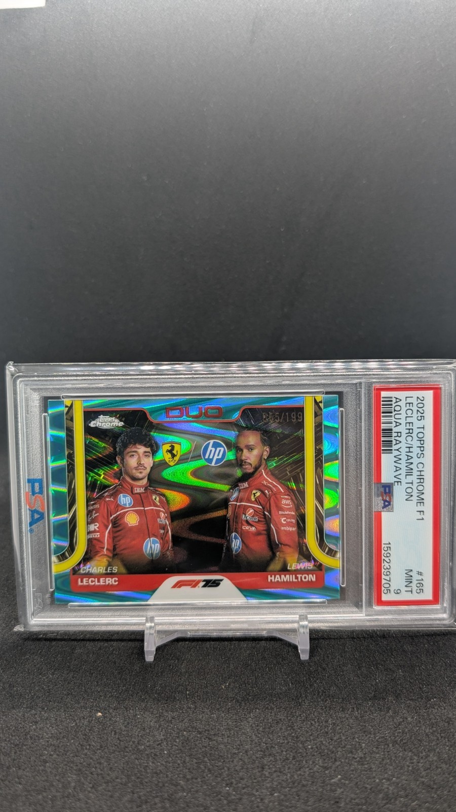 2025 Topps Chrome F1 Duos Hamilton Leclerc Aqua RayWave #55/199 Ferrari PSA 9