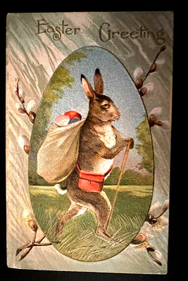 Standing ~Bunny Rabbit with Sack of Eggs~Anthropomorphic Easter Postcard-k137