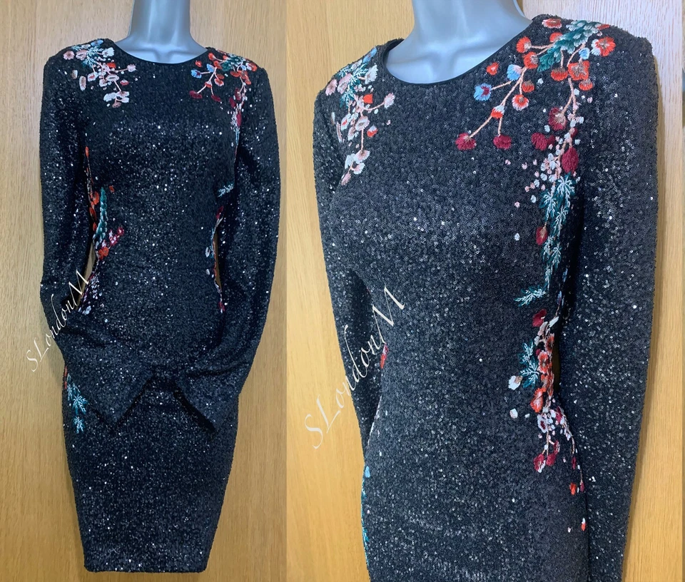 Karen Millen Glamorous Pailletten Japanisch Blumen Bestickt Party Minikleid UK10 - Bild 1 von 4
