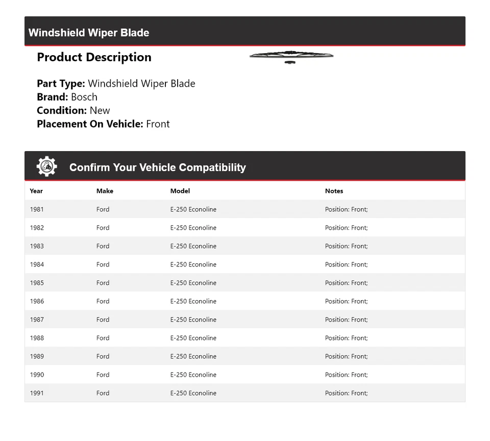 Limpiaparabrisas Excel+ delantero para Ford E-250 Econoline Bosch 1981-1991 Foto 2 de 3