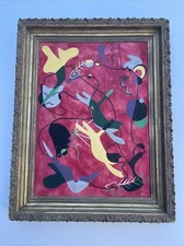 Antique Painting Mid Century Modern Abstract Expressionism CUBISM CAT FISH 1950