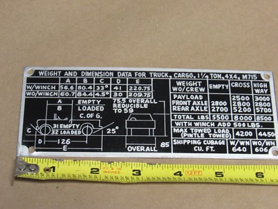 Data Plate Cargo Dimension Fit jeep Kaiser M715 1 1/4 military truck NOS  (P23) 