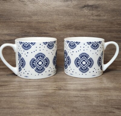 Set of 2 Large Fiorelli Coffee Tea Cup Mug White Dark Blue Floral Design - 16 oz