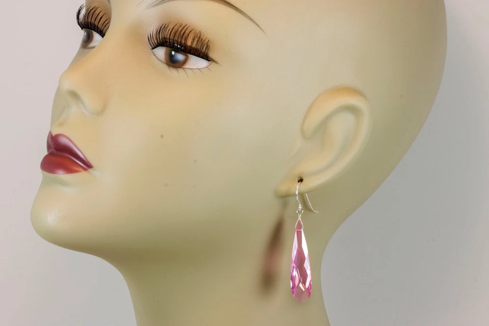 Pendientes de circonitas cúbicas de oro de 14k zafiro rosa largo circonita esterlina gota 2 Foto 3 de 4