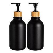 2 x New Black Pump Soap Dispensers w/ Real Bamboo Overshell Closure Kitchen Bath