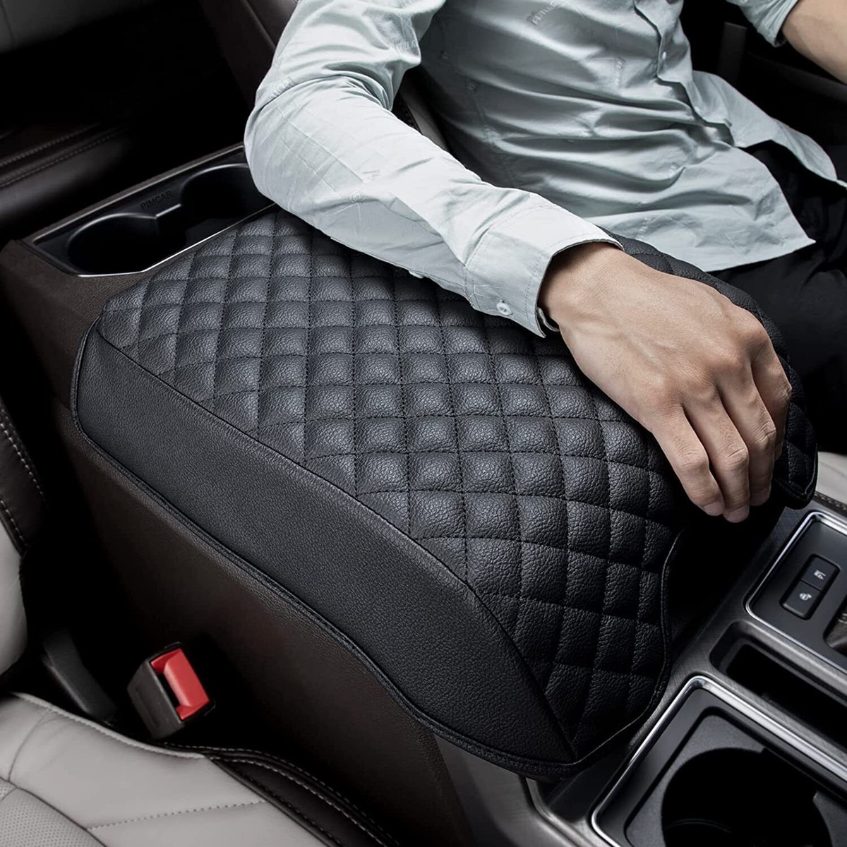 Car Center Console Lid Armrest Cover Black Leather FIT FOR