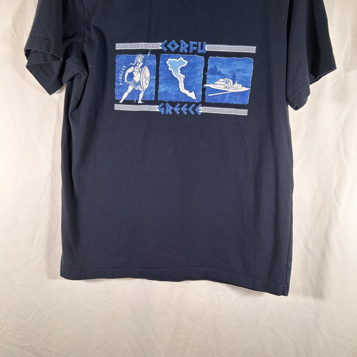 Corfu Greece Shirt Men's Large Navy Blue Achilles Print Crew Neck