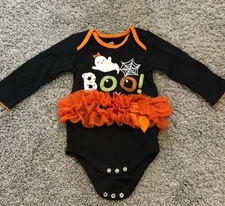 Halloween Baby Girl Romper BOO! 12 mo. Black Orange Ruffle