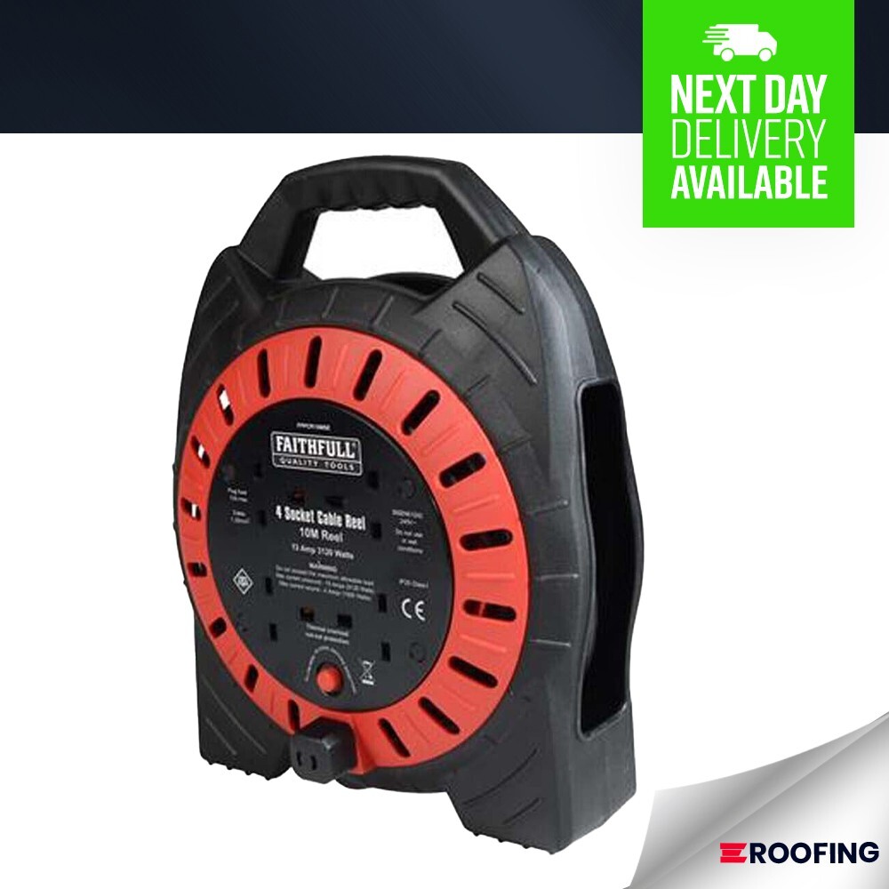 Faithfull XMS23CABLE10 240V 10m 13A 4 Sockets Cable Reel Extension Lead