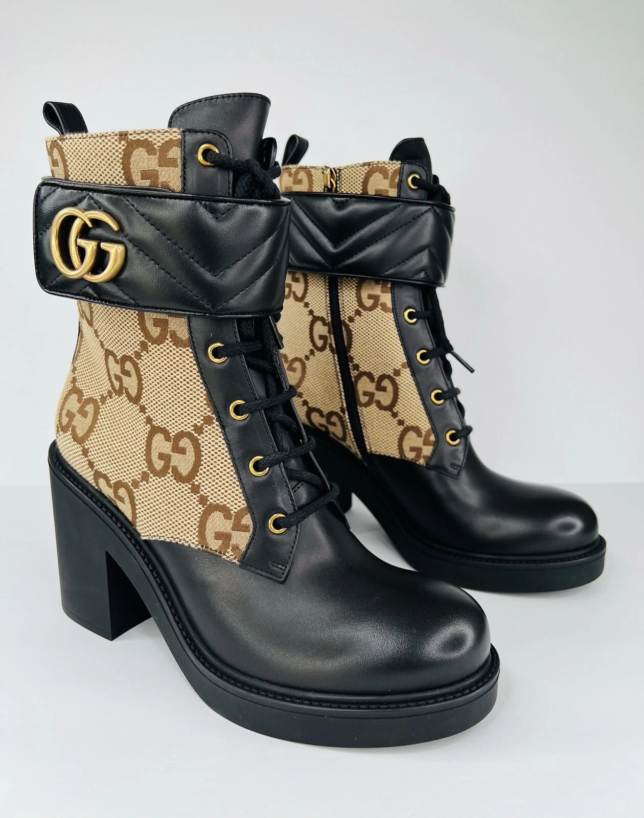 Bottines Gucci GG Supreme toile double logo G talon épais bride pointure EU 40,5