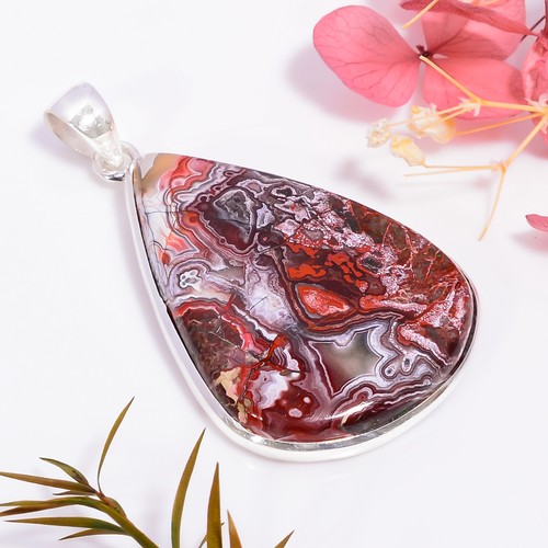 Crazy Lace Agate Stone Handmade Jewelry.925 Silver Plated Pendant 1.9" GSR-8116