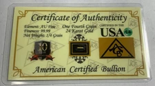 Vintage 24 Kt Gold Ingot! 1/4 Grain! 99.99 FINE GOLD 100% Certified Gold Bullion