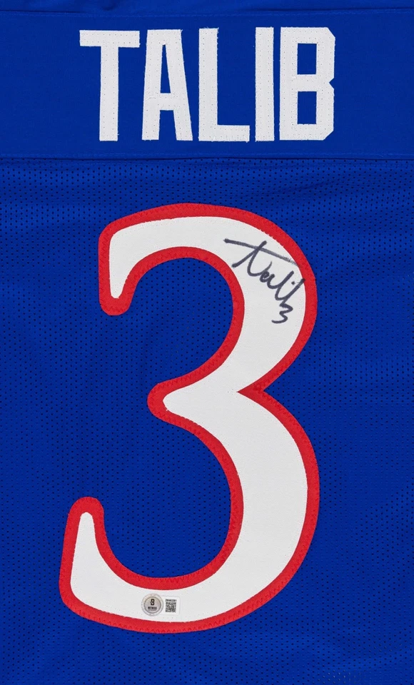 Camiseta de fútbol americano universitario azul automático de Kansas Jayhawks firmada por Aqib Talib (Beckett) Foto 2 de 4