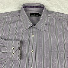 Bugatchi Uomo Dress Shirt Mens XXL Purple Floral Print w/Stripes Flip Cuffs