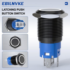 16mm Latching Push Button Switch 12V DC, IP65 Waterproof ON/OFF, LED Angel ...