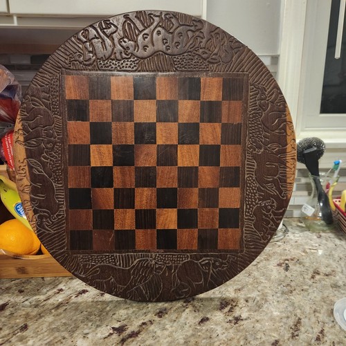 African Wood Carved Chess Board with Big Five Animals - no chess pieces included