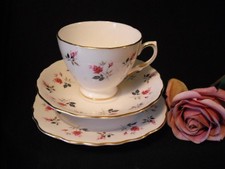 Vintage Royal Osborne Fine Bone China Trio Tea Cup Saucer Plate Pink Roses/Buds