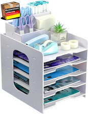 Holz Briefablage Büro Dokumenten Organizer mit Stifthalter 5-Tier weiß stapelbar