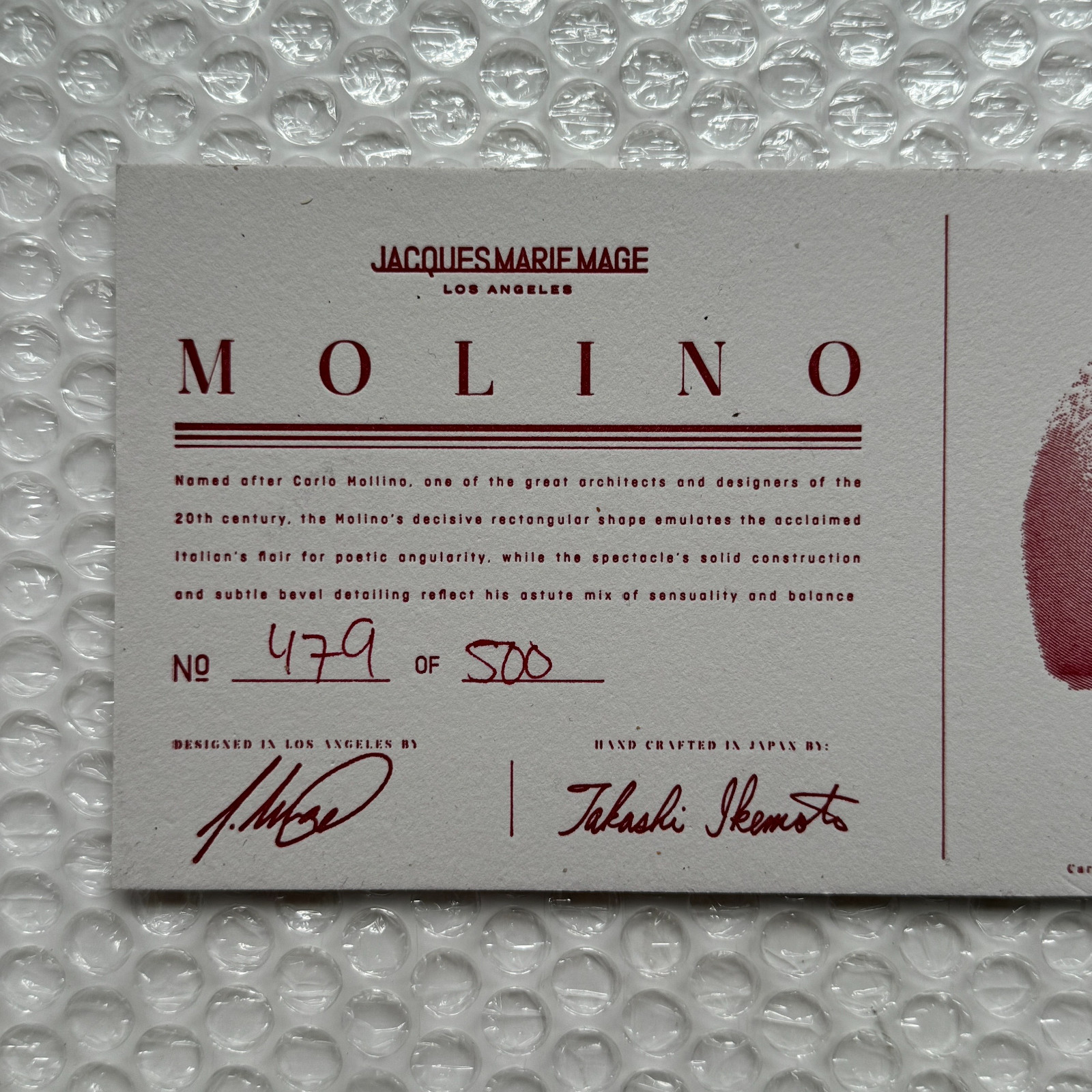 Jacques Marie Mage 'Molino' 479/500 Authenticity Card Only (No Glasses) Free P&P image 2