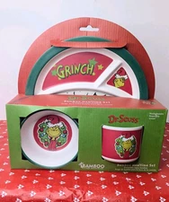 Dr. Seuss Grinch Bamboo Mealtime Kids Set- Plate, Bowl and Cup Christmas Set NEW