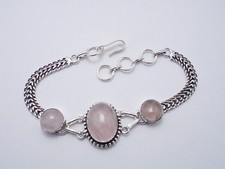 Rose Quartz Gemstone 925 Sterling Silver Adjustable Cuff Bracelet Sz 7.5"- 8.5''