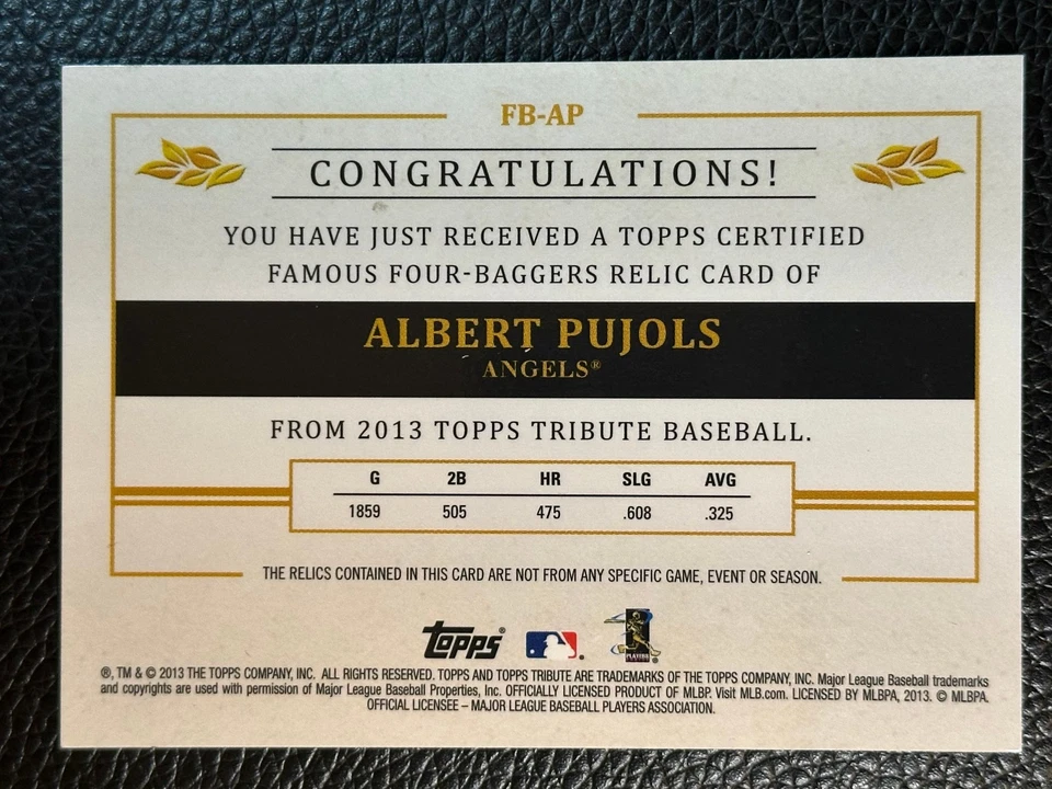 2013 Topps Tribute Famous Four Baggers Albert Pujols /99 Game Used Jersey - Image 2 of 2