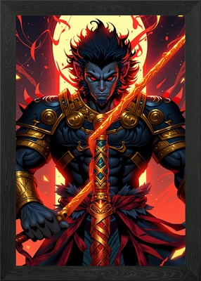 Monkey King Warrior with Fiery Staf Framed Wall Art Poster Canvas Print Picture