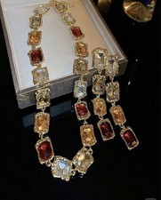 Chunky Retro Jewelry Set Includes Choker Necklace And Earrings Geometric Stones