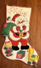Vintage Bucilla felt sequin Christmas stocking Santa with pack Name Philip, XL