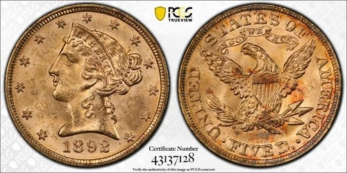 Photo of a 1892-P Liberty Half Eagle from an eBay listing that sold on Dec 22, 2025