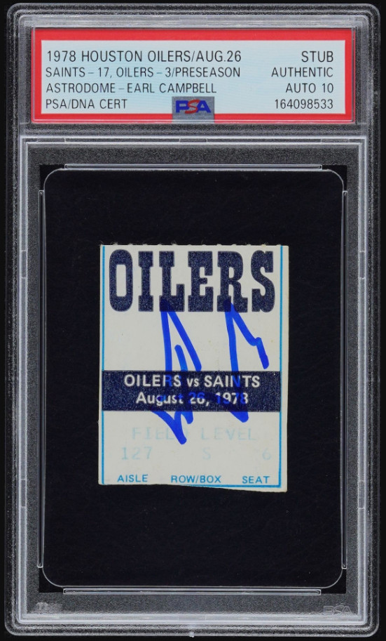 1978 Aug 26 Earl Campbell Signed Football Ticket Certified PSA/DNA Auto 10 Oiler view 1