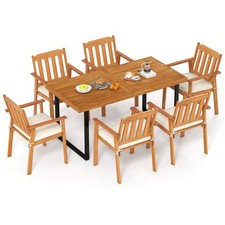 7PCS Patio Dining Table Set, 63" Table  6 Acacia Wood Armchairs w/Umbrella Hole