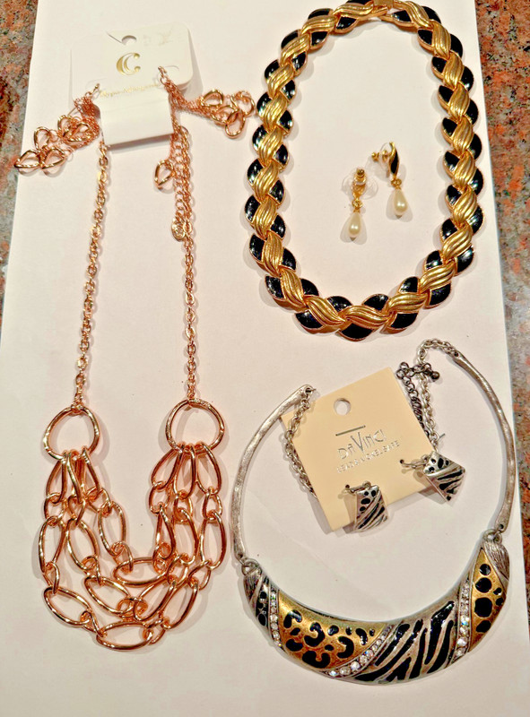 3 Sets Vintage Necklaces & Earrings; Metals; 2 New;  See Details; Ages?