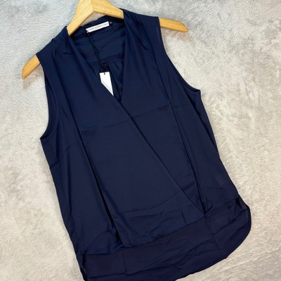 Three Eighty Two Women's Sleeveless Navy Wrap Blouse High Low Hem Sz XS NWT