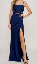 Emerald Sundae Womens Blue Ruched Slit Formal Gown Dress Size Large