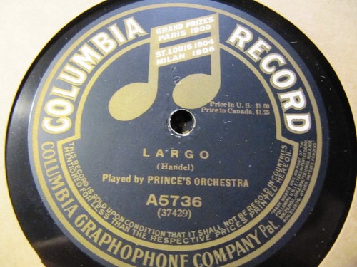 1916 Prince's Band HANDEL LARGO Ombra Mai Fu/ LOMBARDI Pilgrims COLUMBIA A5736