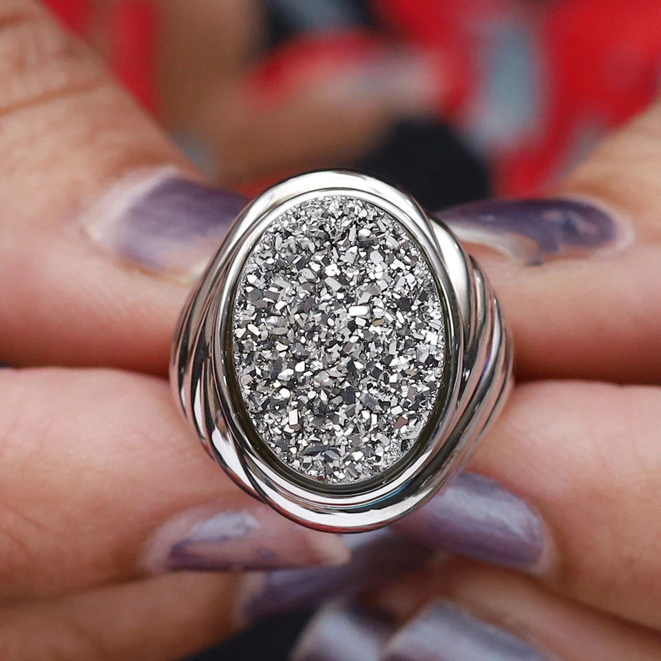 QVC Audaz Ovalado Drusy Cuarzo Esculpido Diseño Remolino Anillo Esterlina Usado Foto 2 de 4
