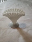 Vintage Fenton White Milk Glass Hobnail Iridescent 4" Crimped Fan Vase  RARE