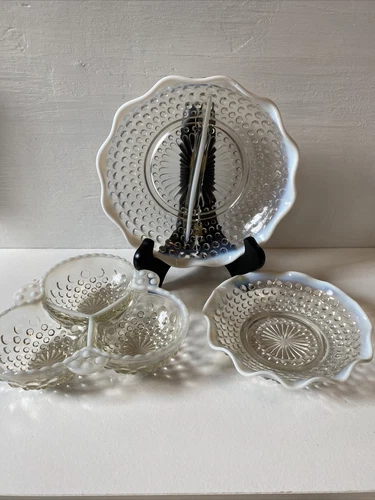 Art glass Moonstone Hobnail LOT White Clear Opalescent Candy Dish Plate Vintage