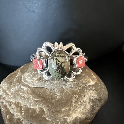 Green Turquoise Coral Navajo Sterling Silver Tufa Cast Cuff Bracelet 16777