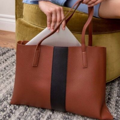 Brown Leather Tote Bag with Black Stripe